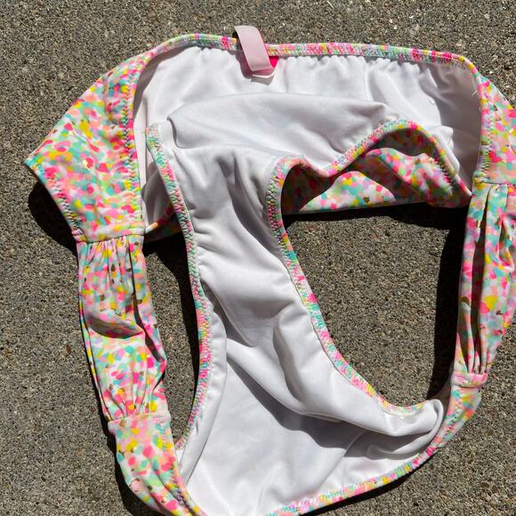 Victoria’s Secret pink yellow gold teal splatter dot ruched bikini bottoms LARGE - Picture 3 of 4